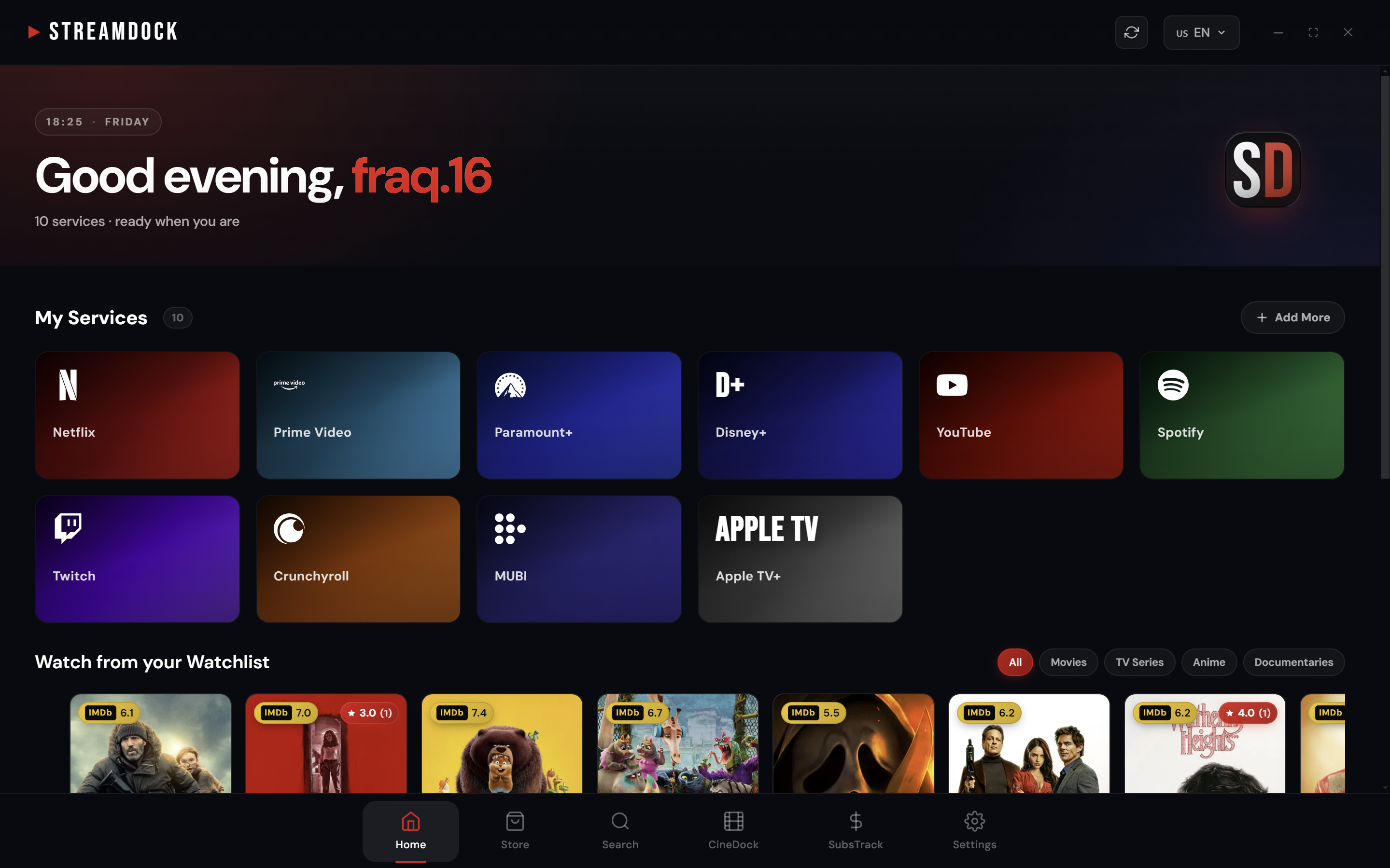 StreamDock desktop home screen showing the user's streaming services and a Continue Watching row