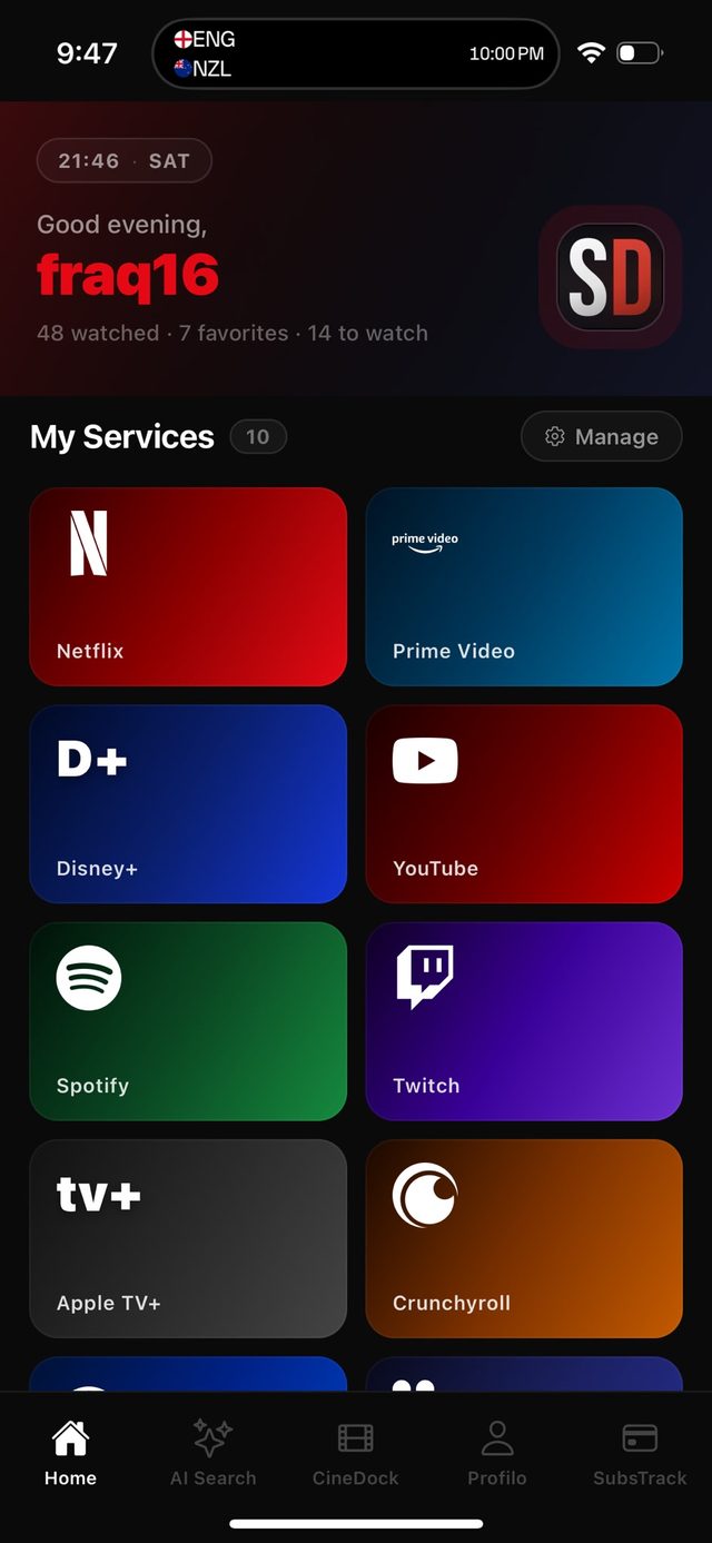 StreamDock mobile app home: evening greeting, My Services grid and watch stats