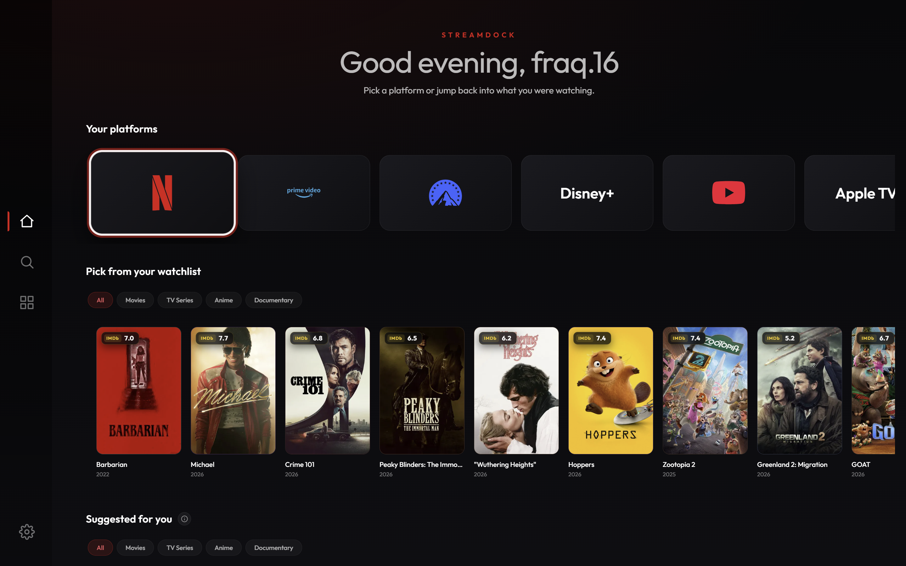 StreamDock running on a television, showing platform tiles and a watchlist row