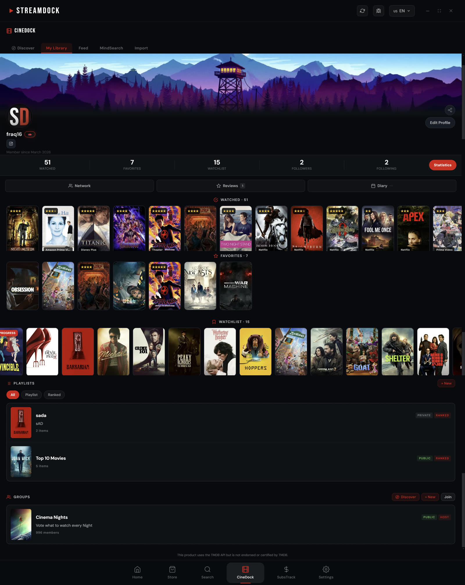 CineDock library: profile, watched, favourites, watchlist, playlists and groups