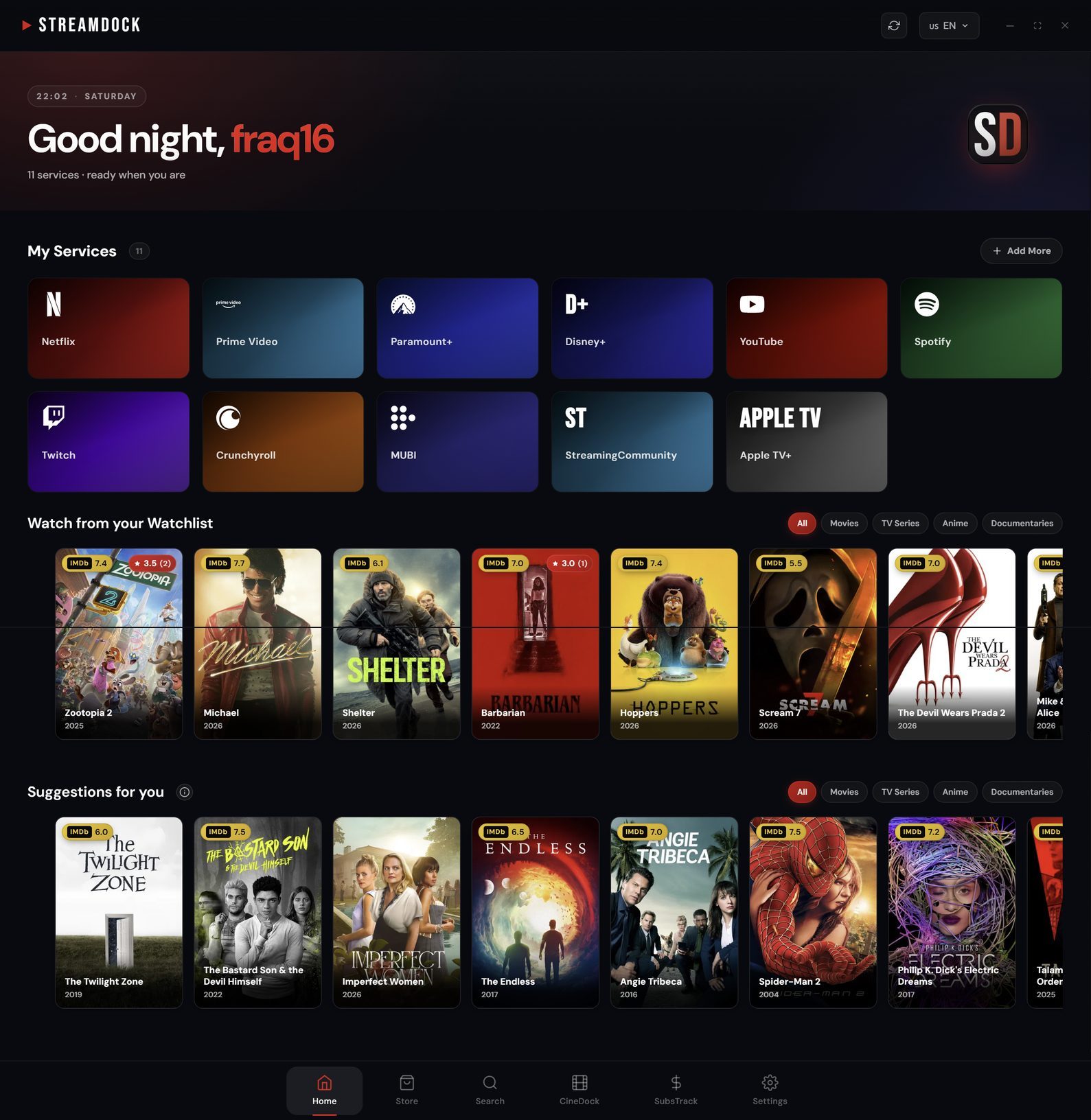 StreamDock home: a greeting, the My Services grid, and 'Watch from your watchlist' and 'Suggestions for you' rows that adapt to your taste