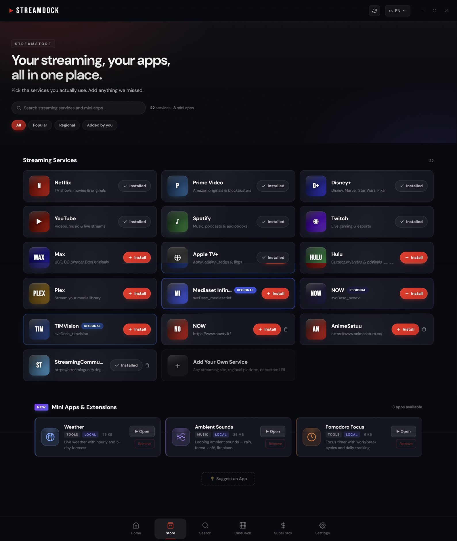 The StreamStore: a scrollable grid of streaming services to install, plus mini-apps and extensions