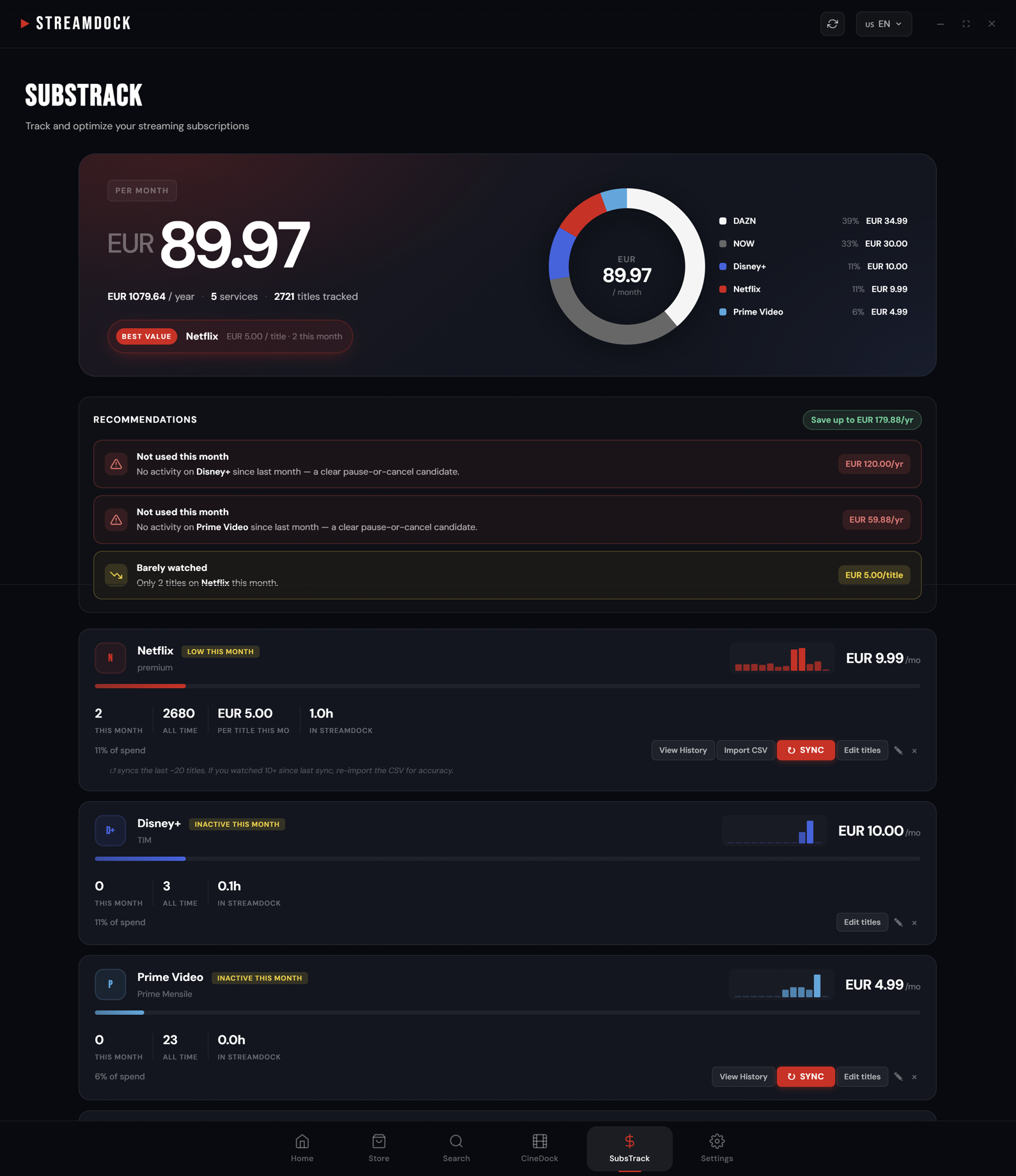 StreamDock SubsTrack: monthly streaming spend with a breakdown by service and money-saving recommendations
